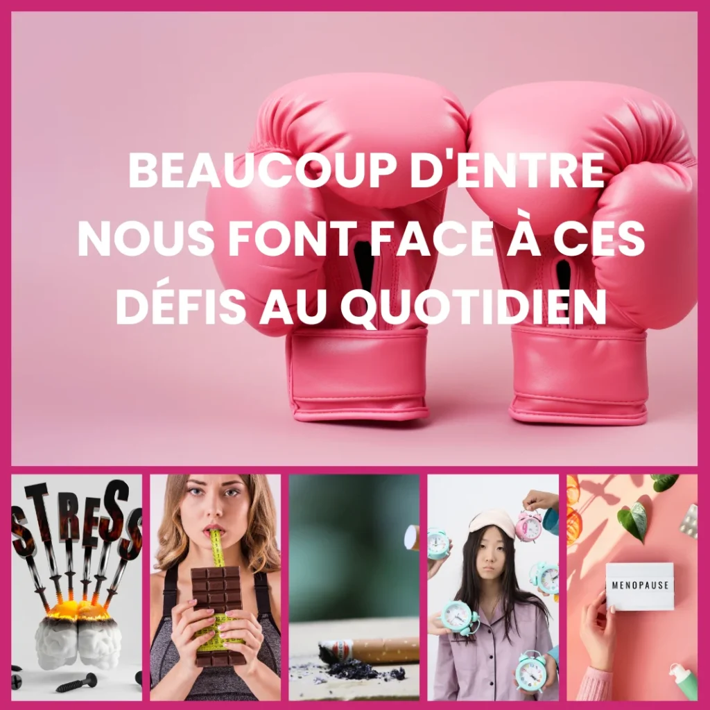 Visuel avec gants de boxe roses et icônes illustrant le stress, la prise de poids, le tabac, le sommeil et la ménopause – défis du quotidien